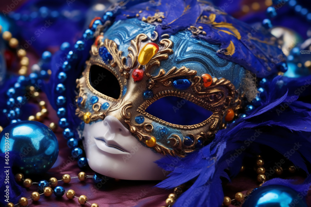 Venetian carnival mask and beads decoration. Mardi gras background. AI generative