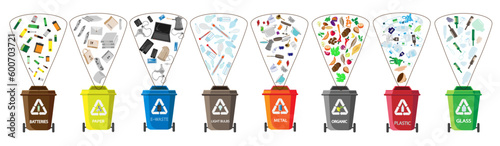 Waste segregation. Sorting garbage by material and type in colored trash cans. Separating and recycling garbage vector infographic. sustainability  environment .