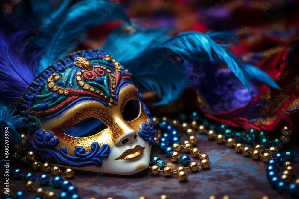 Fototapeta premium Venetian carnival mask and beads decoration. Mardi gras background. AI generative