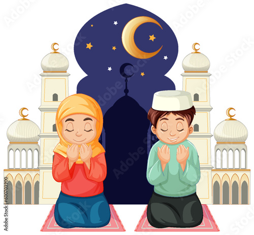 Muslim Couple Praying Cartoon Character