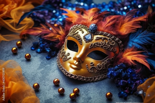 Venetian carnival mask and beads decoration. Mardi gras background. AI generative © SANGHYUN