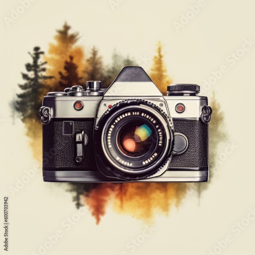 Collage Modern Camera Front Side With Watercolor Mountain Trees, National Photography Day Concept made with Generative AI