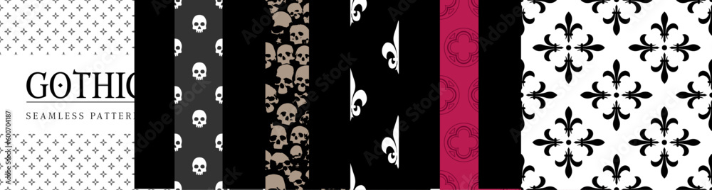 Seamless Pattern Collection of Gothic Designs from 90's. Cathedral and medieval textile graphics. Halloween decorative background. Vintage vector illustrations goth rock aesthetic. Fantasy ornaments.