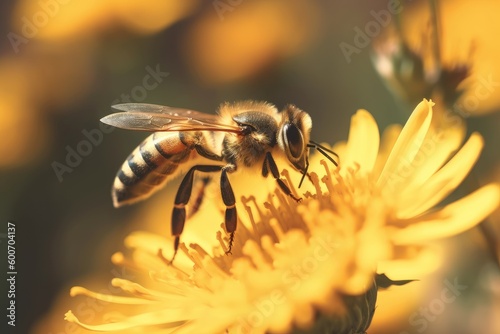 Honey bee closeup on flower. Generate Ai