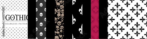 Obraz na płótnie Seamless Pattern Collection of Gothic Designs from 90's. Cathedral and medieval textile graphics. Halloween decorative background. Vintage vector illustrations goth rock aesthetic. Fantasy ornaments. w salonie
