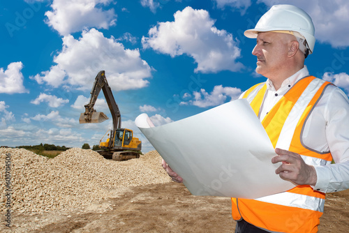 Road construction. Man fore...