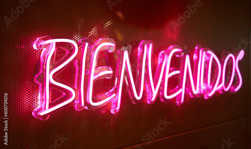bright neon sign with the inscription welcome in spanish.