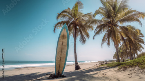 Surfboard and palm tree on beach. Illustration AI Generative.