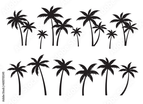 Black palm tree set vector illustration on white background silhouette art black white  