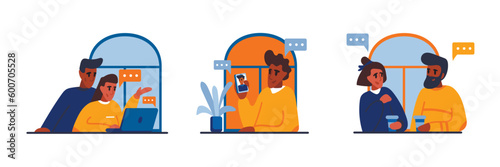 Modern online and live communication. Set of drawings about communication at distance and nearby