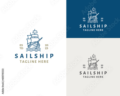 Billede på lærred Vintage Retro Line art Sailing Ship Logo Design