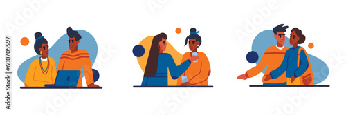 Communication between young adult people. Set of illustrations about relationships, emotions