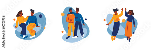 Pleasant leisure. Set of images about friendship, relationships. Have fun and go for walk together