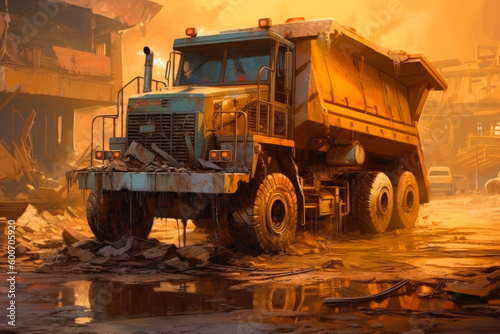 The excavator loads the truck with sand with its bucket. Ai generative