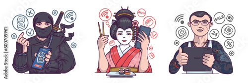 Cartoon samurai, geisha and yakuza characters show application for delivery sushi vector set