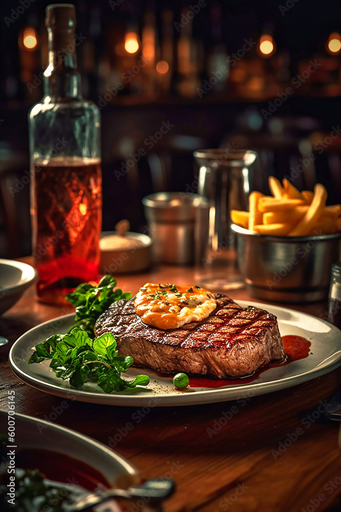 American steak at the bar with chips and gravy. AI generativ. American steak at the bar with chips and gravy. AI generativ.