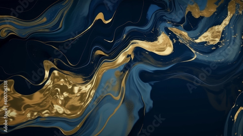 Luxury background, captivating blend of gold and deep blue, creating an abstract design. Liquid art. Fusion of rich colors and glittering textures. Sophistication and modern elegance. Generative AI.