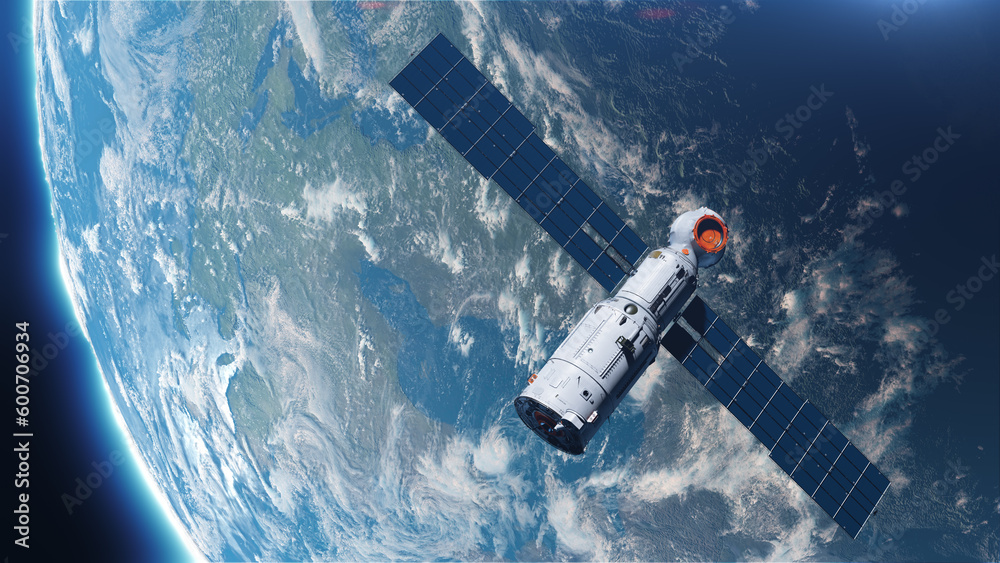 illustration with an artificial satellite in orbit around the earth on the theme of space industry technology