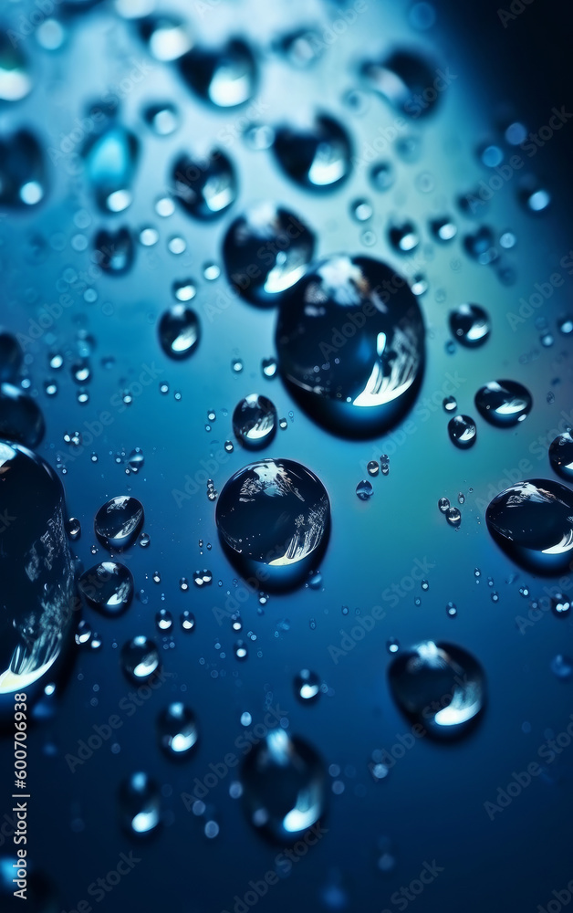 Liquid close-up, showcasing water drops, surface droplets, clear macro bubbles, evoking cleanliness, purity for spa background. Mineral water backdrop. Poster for shower and bathing ad. Generative AI.