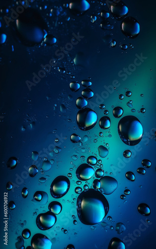 Liquid close-up, showcasing water drops, surface droplets, clear macro bubbles, evoking cleanliness, purity for spa background. Mineral water backdrop. Poster for shower and bathing ad. Generative AI.