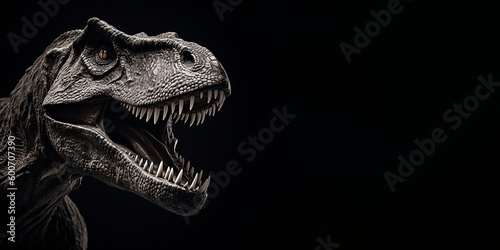 Black and white photorealistic studio portrait of a Tyrannosaurus Rex on black background. Generative AI illustration © JoelMasson