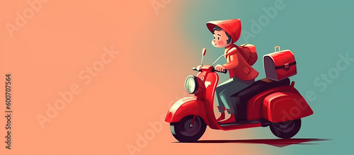 Courier riding a red scooter on the background. Generative AI illustration. Panoramic background. Copying space.
