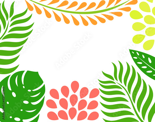 Tropical leaves and flowers summer border background illustration.