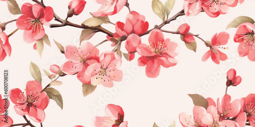 Boho Style Delicate Floral Crabapple Cherry Bloosom Bloom. Watercolor Seamless Surface Pattern Tile on Light White Isolated Background: Perfect for Textiles, Wallpaper & Home Decor. Generative AI.