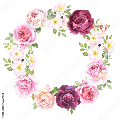 Watercolor illustration. Pink roses wreath isolated on a white background