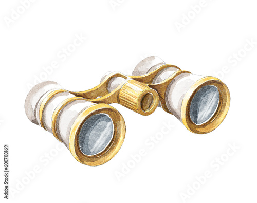 Watercolor vintage old white and gold theater binoculars isolated on white background. Hand drawn illustration sketch