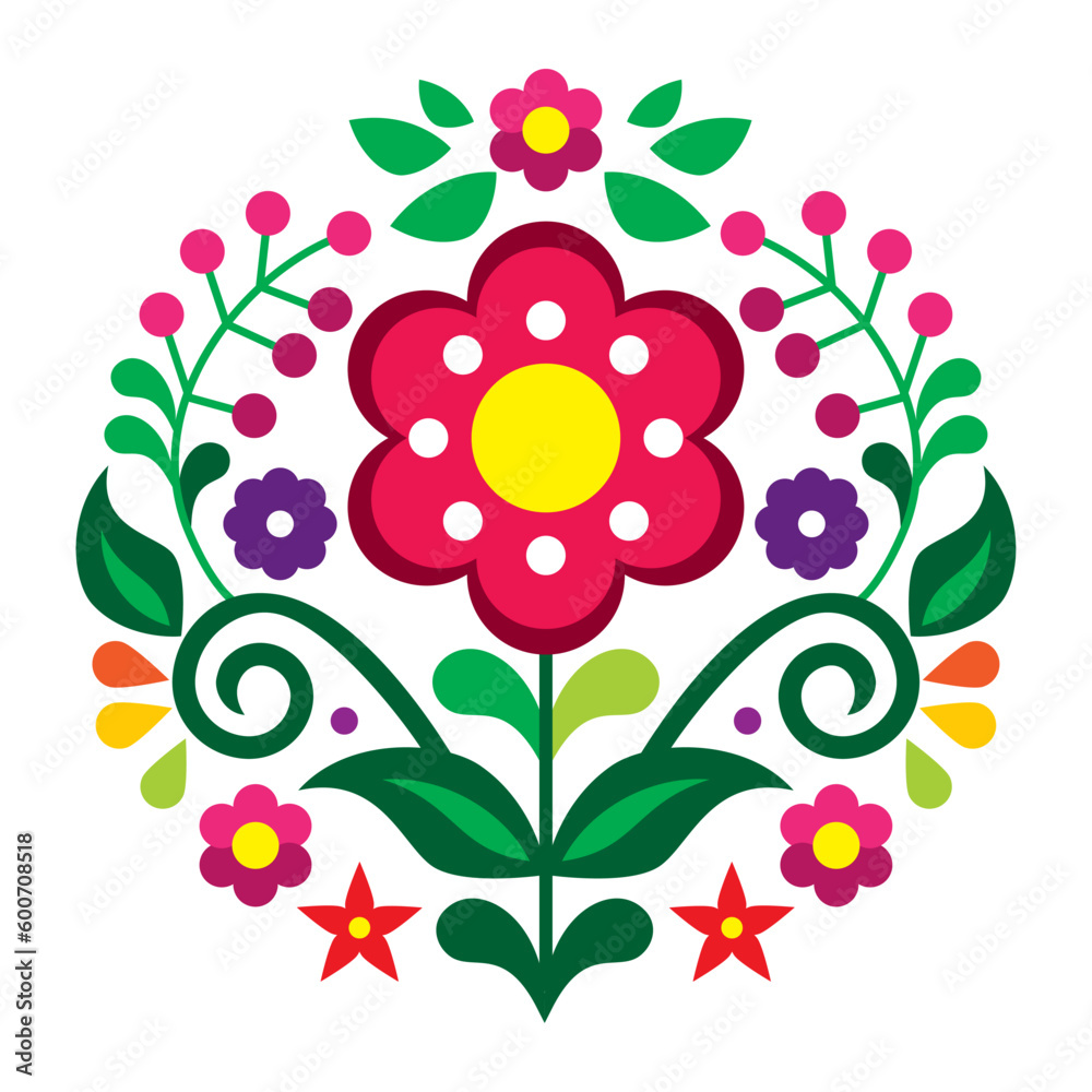 Mexican folk art style vector mandala pattern with flowers, vibrant round design inspired by traditional embroidery designs from Mexico