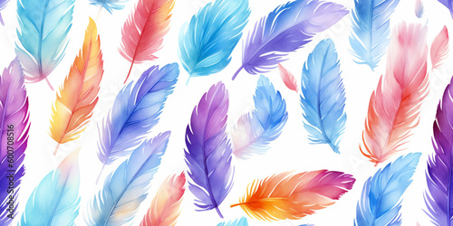 Watercolour Seamless Surface Pattern Tile: Bright Blue, Pink & Purple Modern Delicate Feathers Feather Pattern on White Isolated Background: Textiles, Wallpaper & Home Decor. Generative AI. © PEPPERPOT