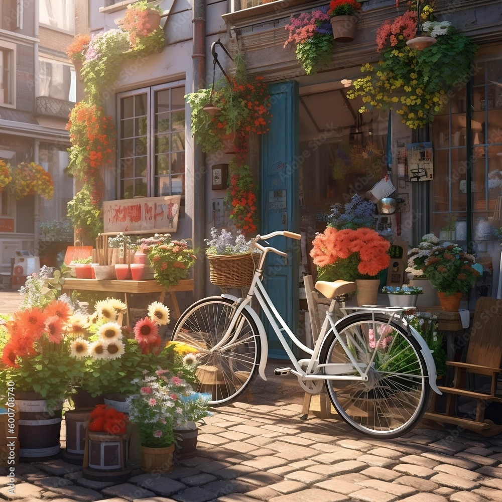 Bicycle in front of the store. Lots of colorful flowers around. AI generated