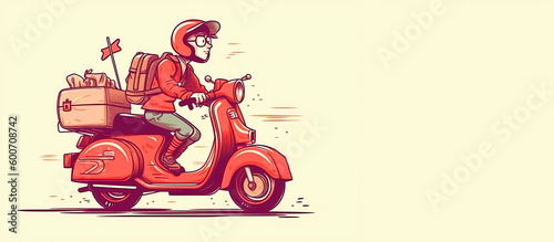 A parcel carrier riding a red scooter on the background. Generative AI illustration. Panoramic background. Copying space.