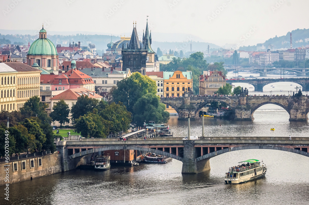 A view of old town Prague with the Vltava river and multiple bridges, Czech Republic