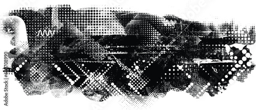 Glitch distorted geometric shape . Noise destroyed logo . Trendy defect error shapes . Glitched frame .Grunge textured . Distressed effect .Vector shapes with a halftone dots screen print texture.