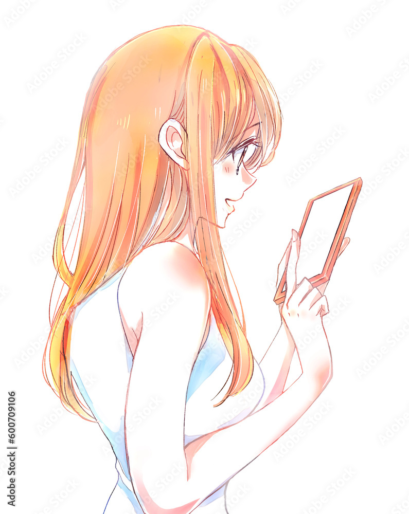 嬉しそうにスマホを触る女性　夏　