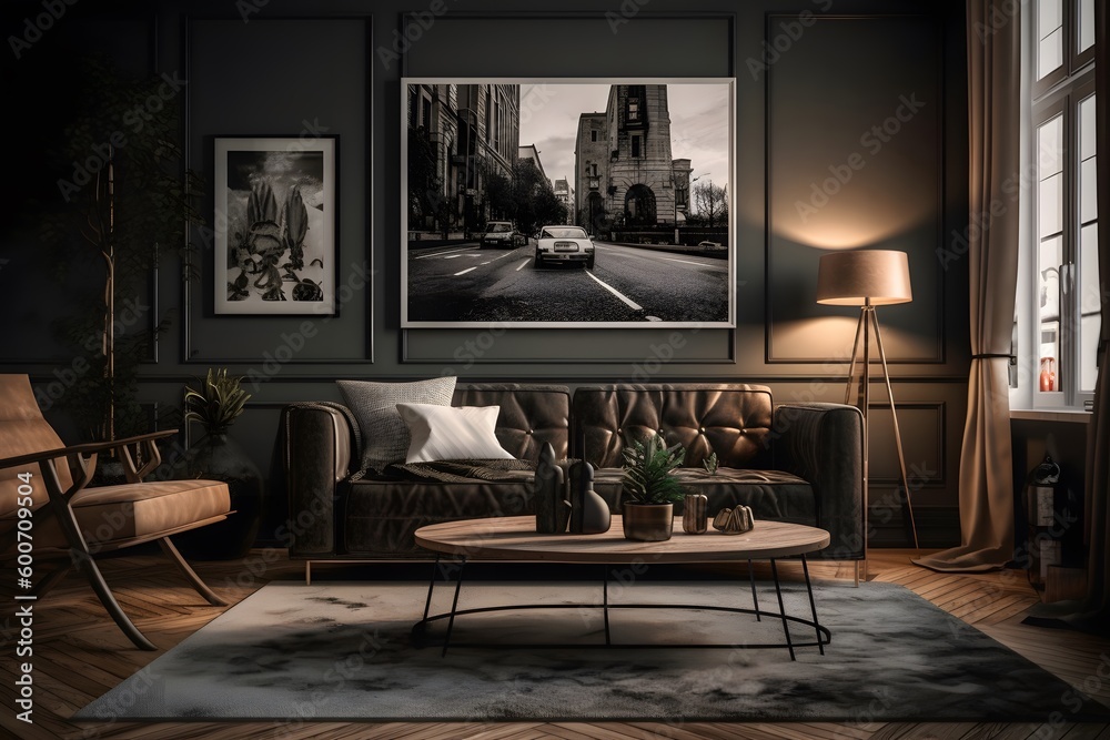 Living room with mock poster frame , .highly detailed, cinematic shot