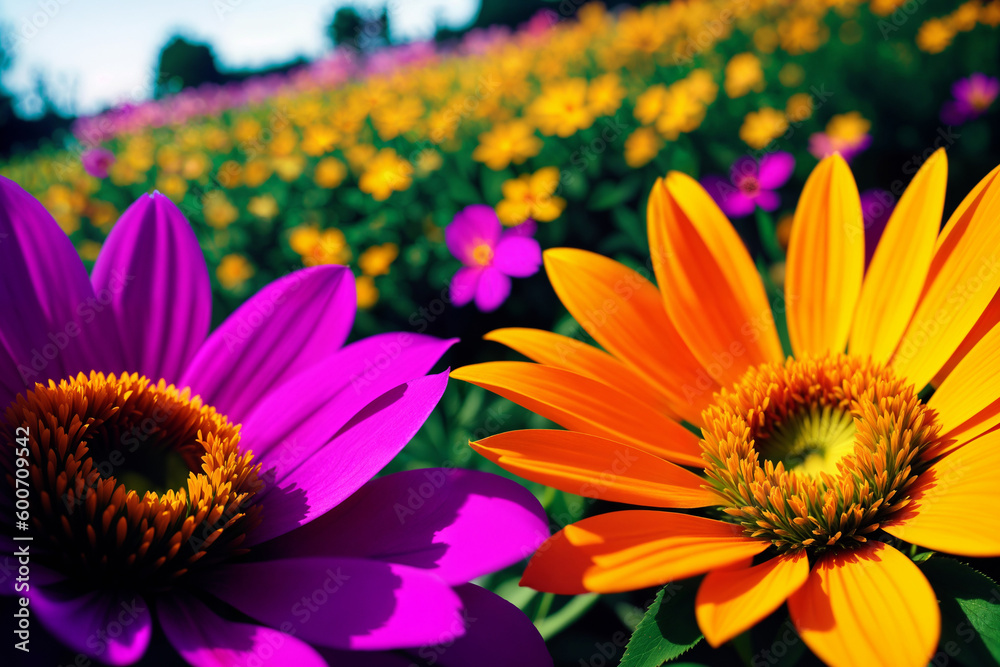 Obraz premium Flowers close-up, bright landscape on a flower field. Generative AI.