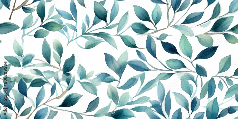 Watercolour Seamless Surface Pattern Tile: Teal Modern Delicate Eucalyptus Branches Floral Pattern on White Isolated Background: Textiles, Wallpaper & Home Decor. Generative AI. Watercolour Seamless Surface Pattern Tile: Teal Modern Delicate Eucalyptus Branches Floral Pattern on White Isolated Background: Textiles, Wallpaper & Home Decor. Generative AI.