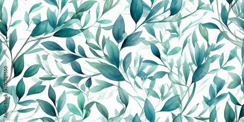 Watercolour Seamless Surface Pattern Tile: Teal Modern Delicate Eucalyptus Branches Floral Pattern on White Isolated Background: Textiles, Wallpaper & Home Decor. Generative AI.