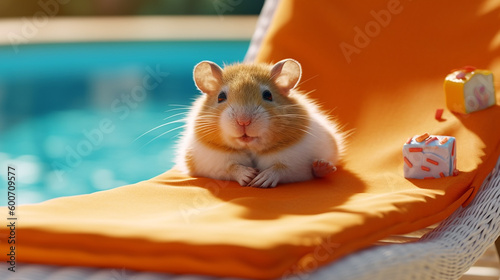 hamster relaxing on a sun lounger near a pool