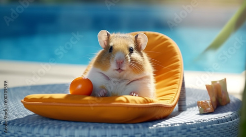 Obraz na plátně hamster relaxing on a sun lounger near a pool