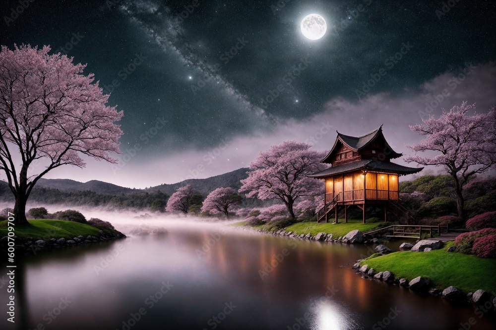 Sakura blossoms in japanese style ornamental garden, beautiful landscape. Generative AI. Sakura blossoms in japanese style ornamental garden, beautiful landscape. Generative AI.