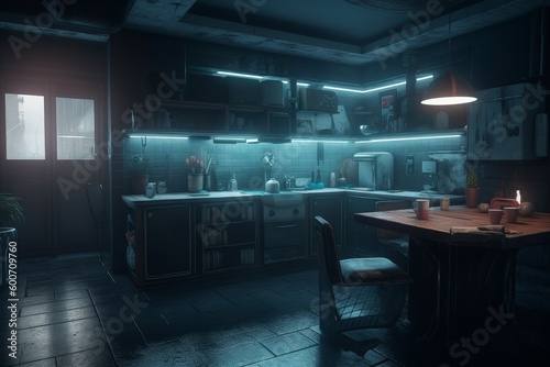 Cyberpunk kitchen interior. Generate Ai