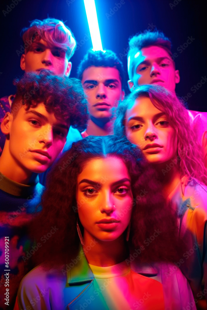 Multicultural Neon Portraits of Young Adults of Different Ages and Genders. generative ai. Multicultural Neon Portraits of Young Adults of Different Ages and Genders. generative ai.