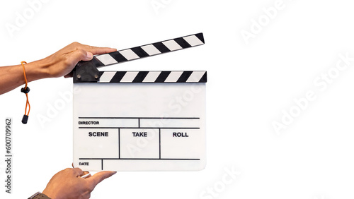 Fotografía film crew holding film slate and a camera filming a movie in the 
 white studio