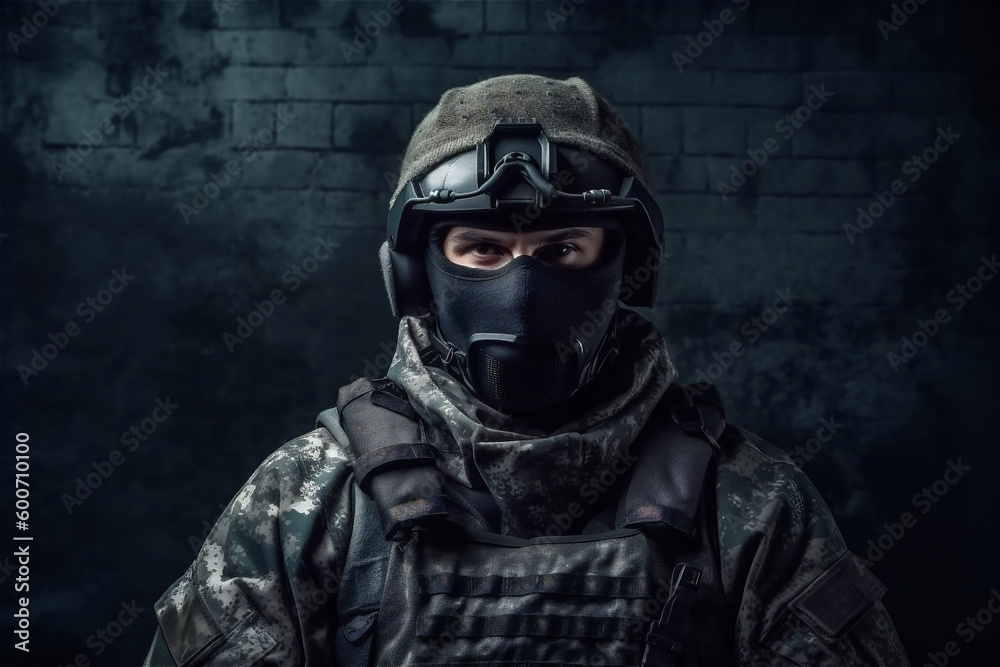 Portrait of military man. Soldier on a brick background. Special forces. Generative AI. Portrait of military man. Soldier on a brick background. Special forces. Generative AI.