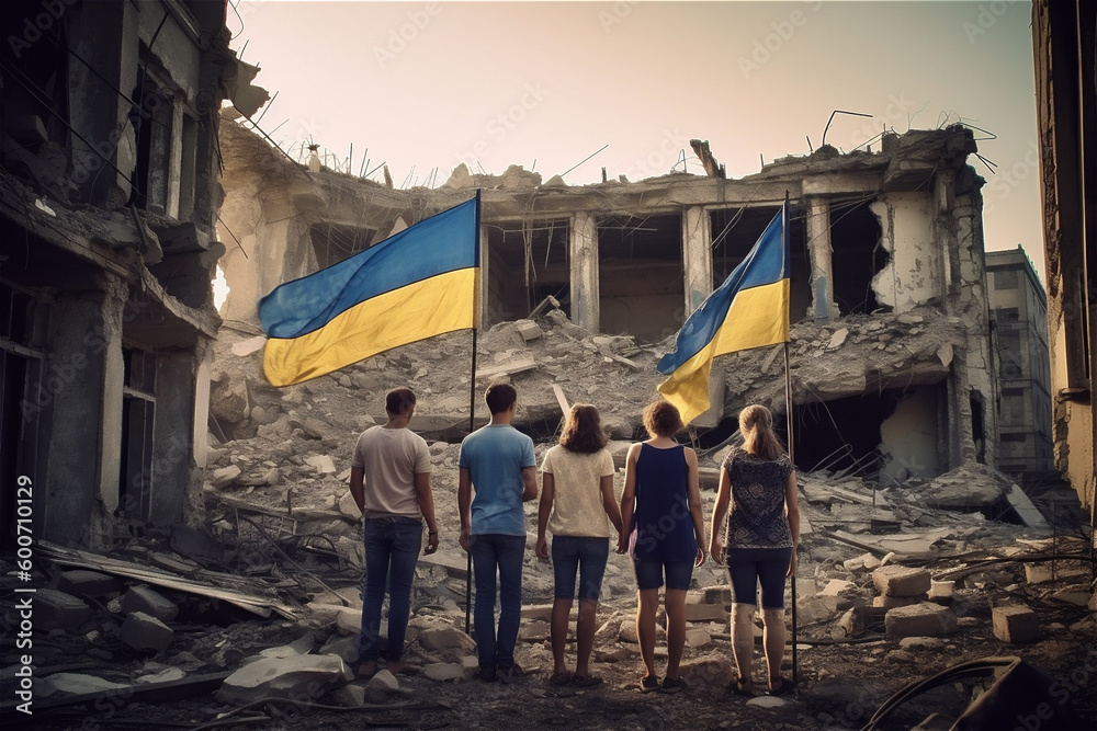 Back of group people with Ukrainian flags on liberated ruins city. War in Ukraine, victory concept. Generative AI. Back of group people with Ukrainian flags on liberated ruins city. War in Ukraine, victory concept. Generative AI.