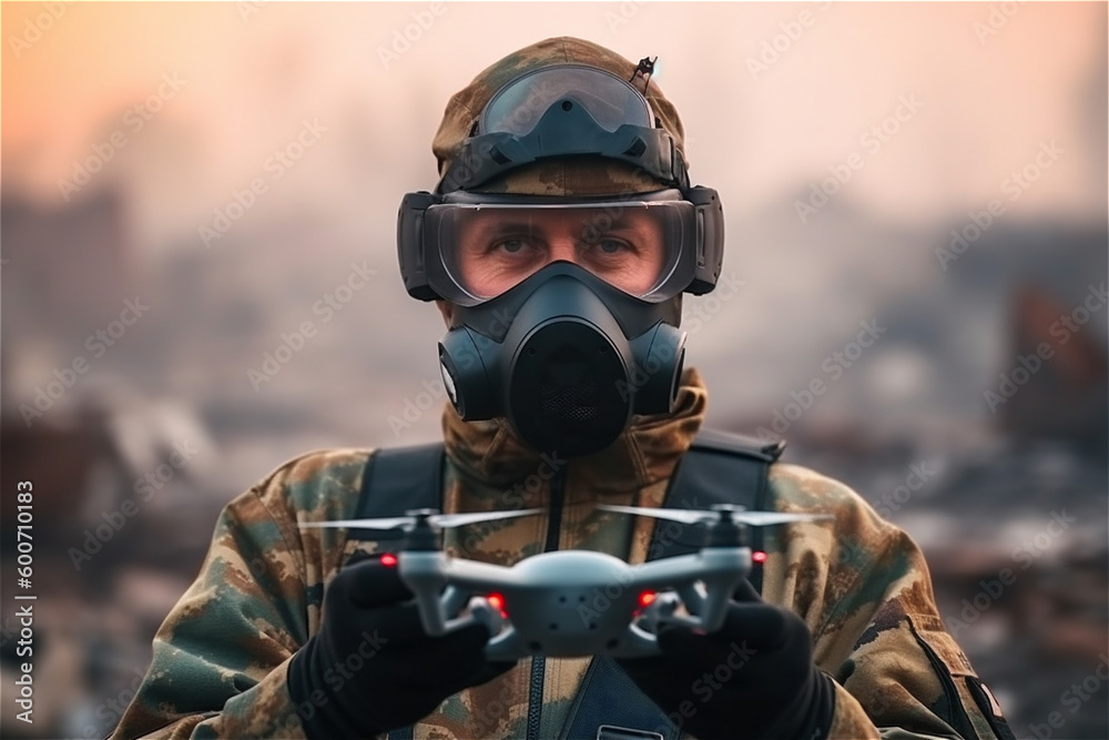 Portrait of soldier in gas mask hold drone at hands. Generative AI. Portrait of soldier in gas mask hold drone at hands. Generative AI.